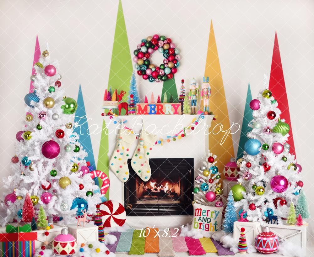 Kate Christmas Fireplace Trees Colourful Backdrop Designed by Mandy Ringe