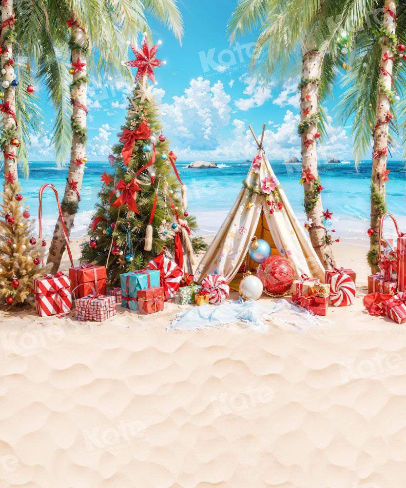 Kate Christmas Beach Trees Tent Presents Backdrop Designed by GQ - Kate Backdrop AU