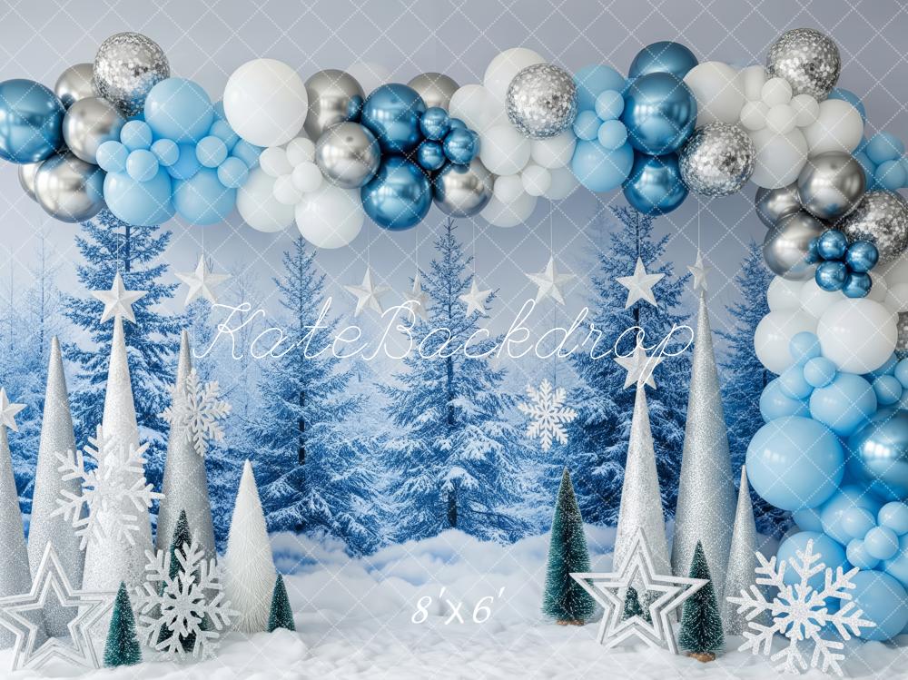 Kate Winter Blue Balloon Snowy Trees Backdrop Designed by Patty Roberts