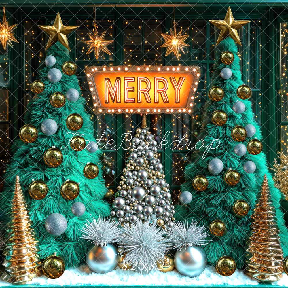 Kate Christmas Trees Merry Sign Gold Ornaments Backdrop Designed by Mini MakeBelieve - Kate Backdrop AU