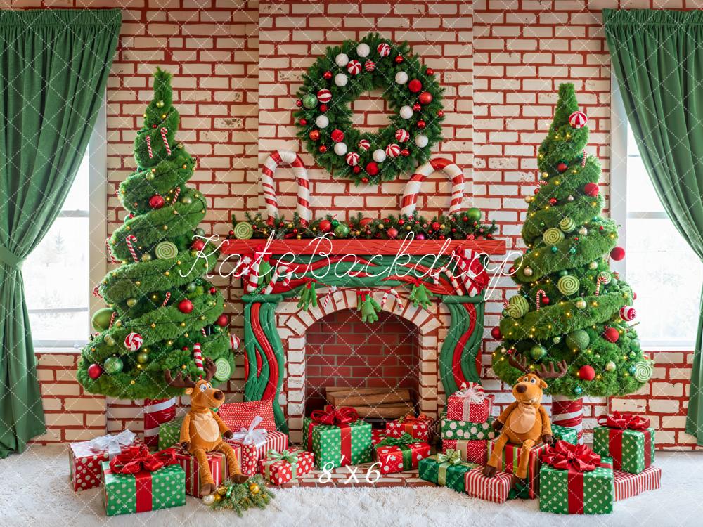 Kate Christmas Fireplace Candy Cane Trees Backdrop Designed by Emetselch