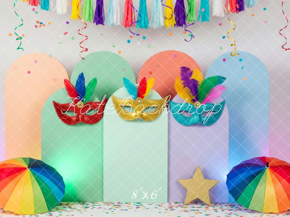 Kate Carnival Masks Rainbow Umbrellas Backdrop Designed by Patty Roberts