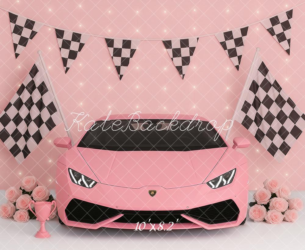 Kate Pink Race Car Checkered Flags Roses Backdrop Designed by Ashley Paul