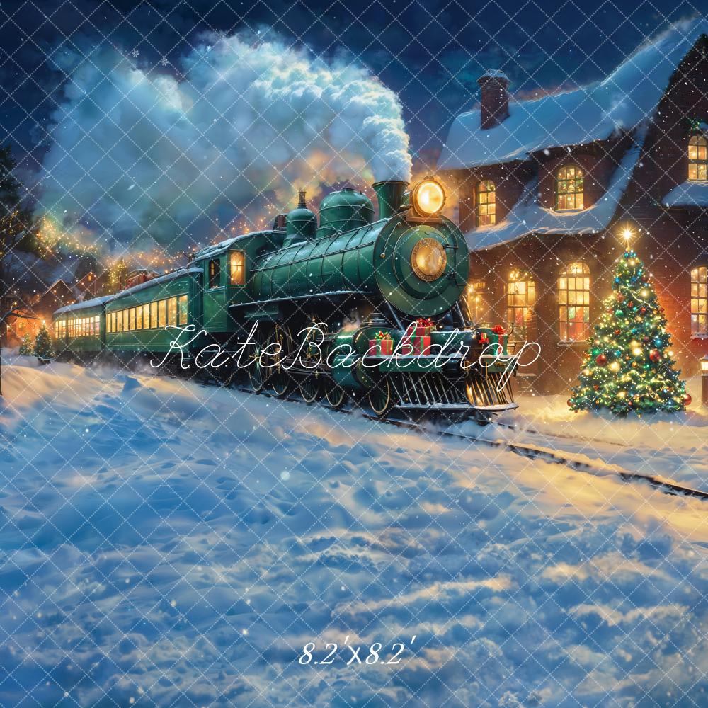 Kate Train Christmas Tree Snow Night Backdrop Designed by Chain - Kate Backdrop AU
