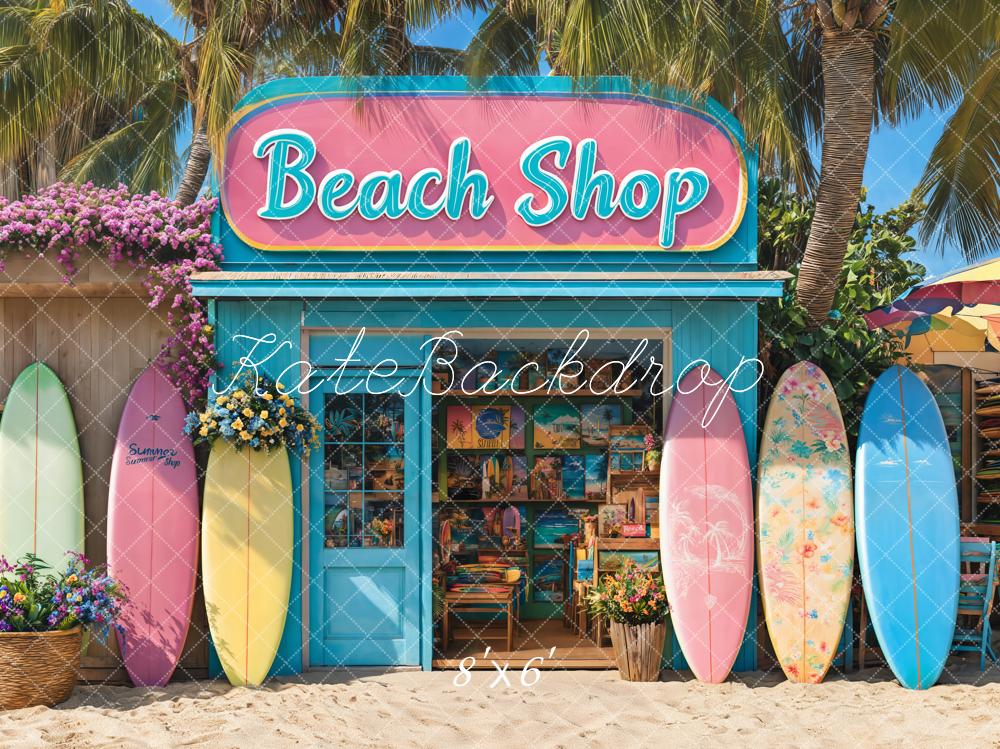 Kate Beach Shop Surfboards Palm Trees Backdrop Designed by Emetselch