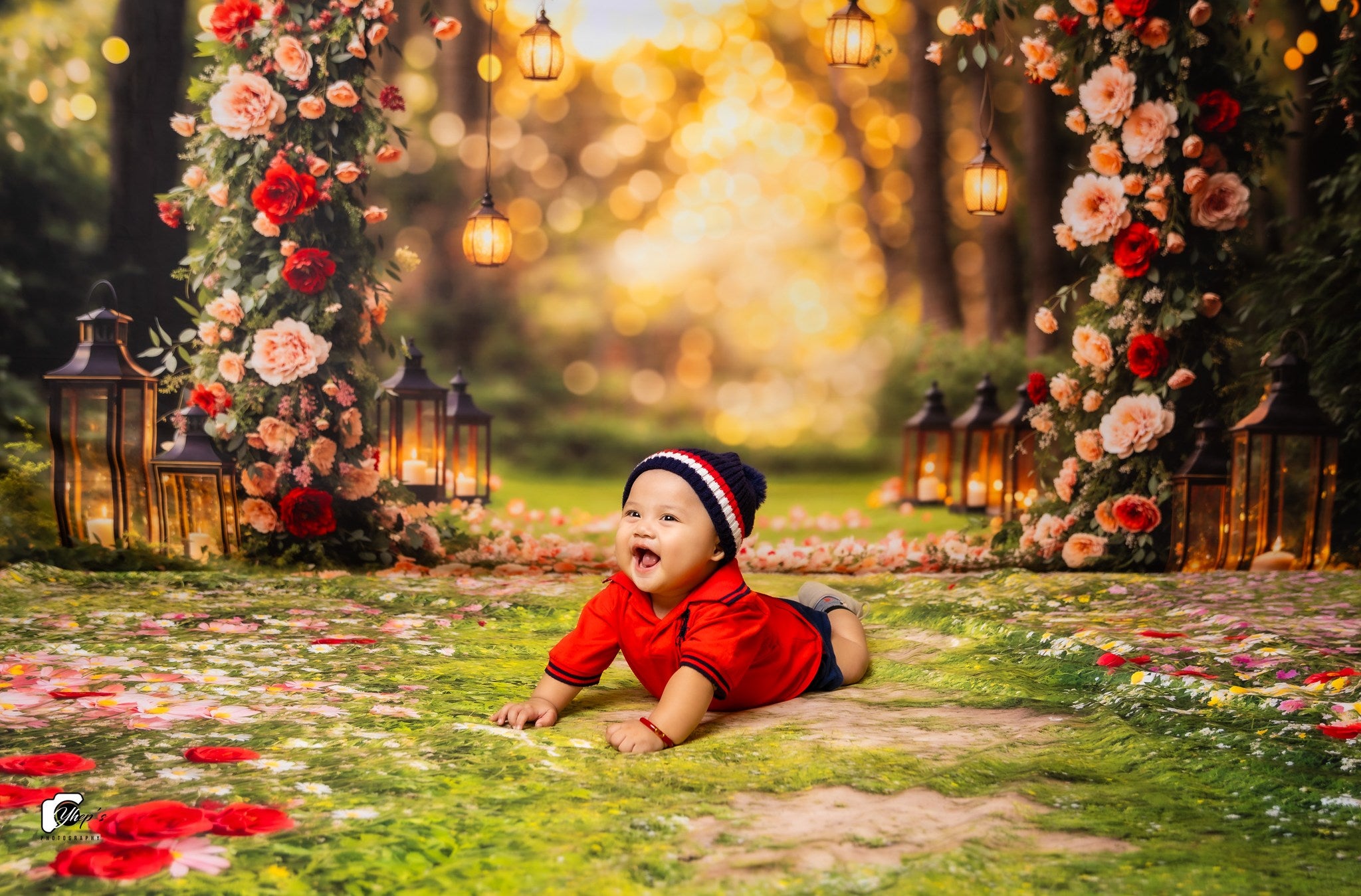 Kate Valentine Flower Arch Backdrop+Spring Floral Pathway Grass Floor Backdrop - Kate Backdrop AU