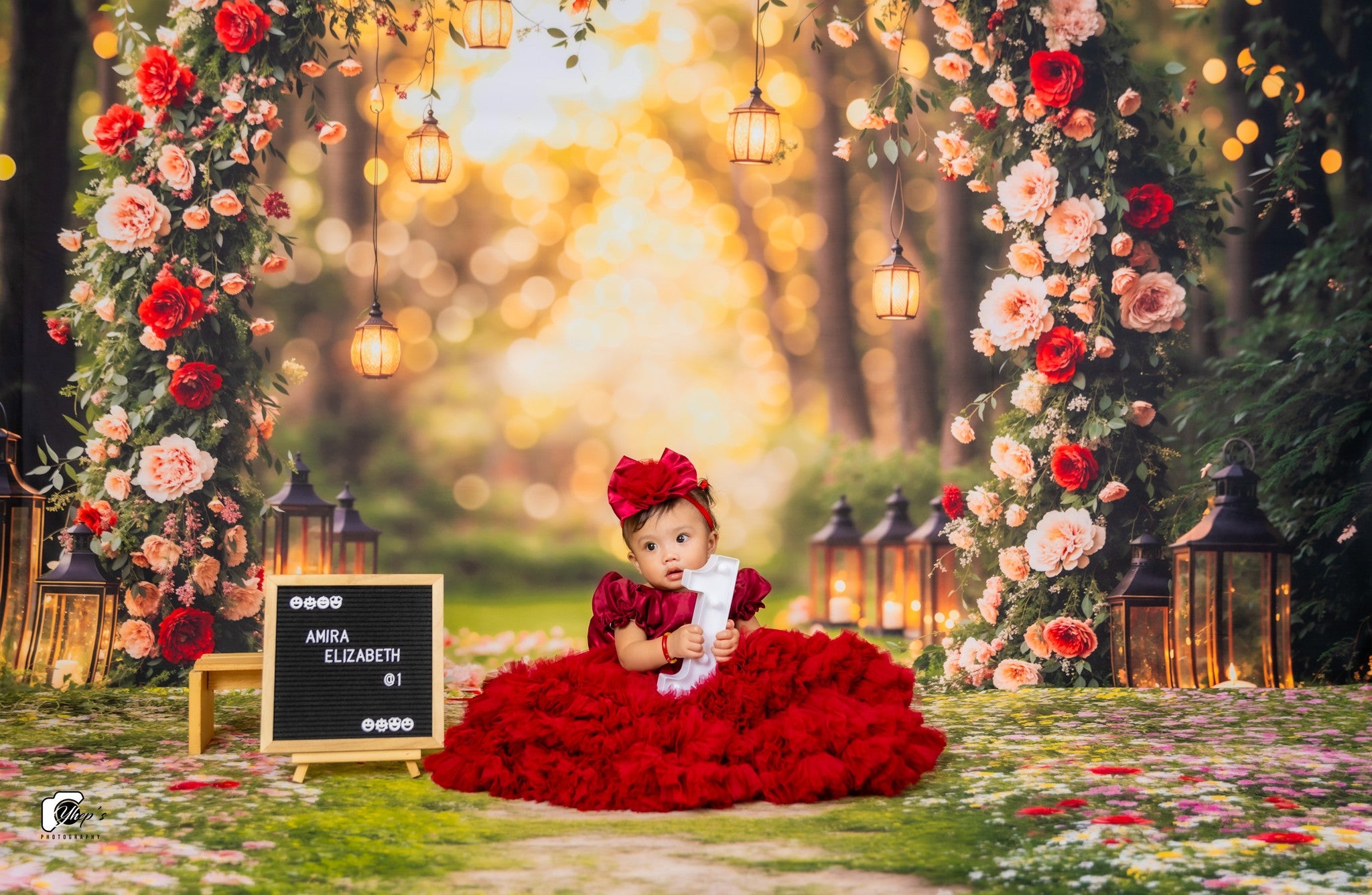 Kate Valentine Flower Arch Backdrop+Spring Floral Pathway Grass Floor Backdrop - Kate Backdrop AU