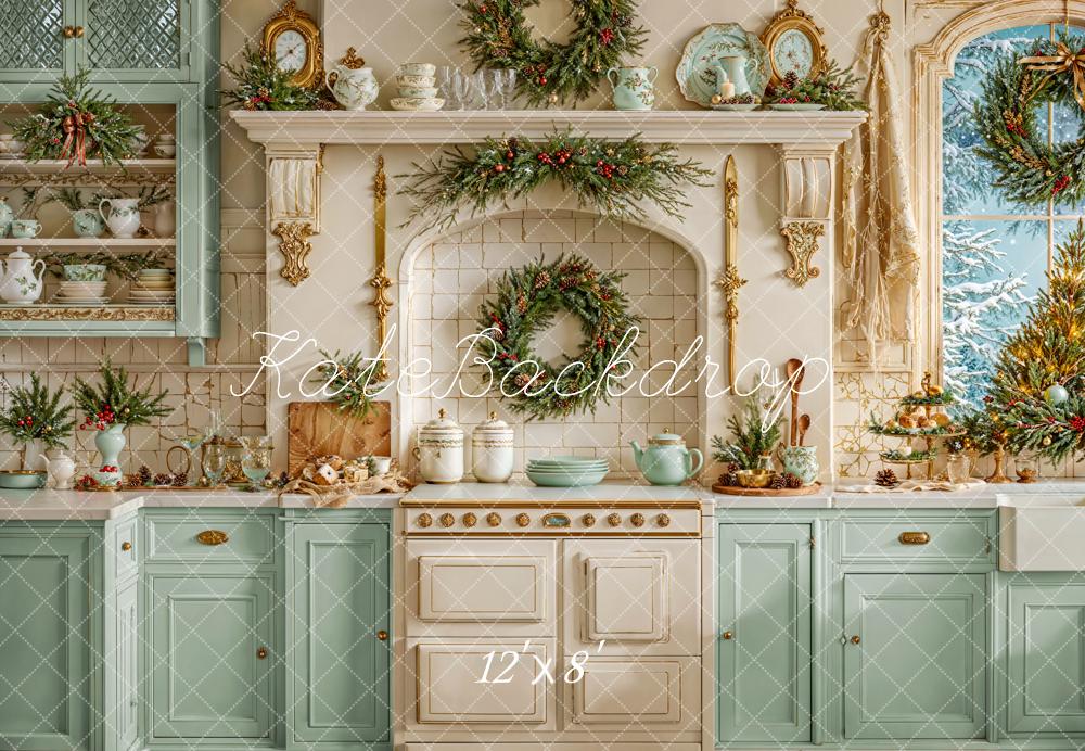 Kate Christmas Kitchen Wreath Green Fleece Backdrop Designed by Emetselch - Kate Backdrop AU