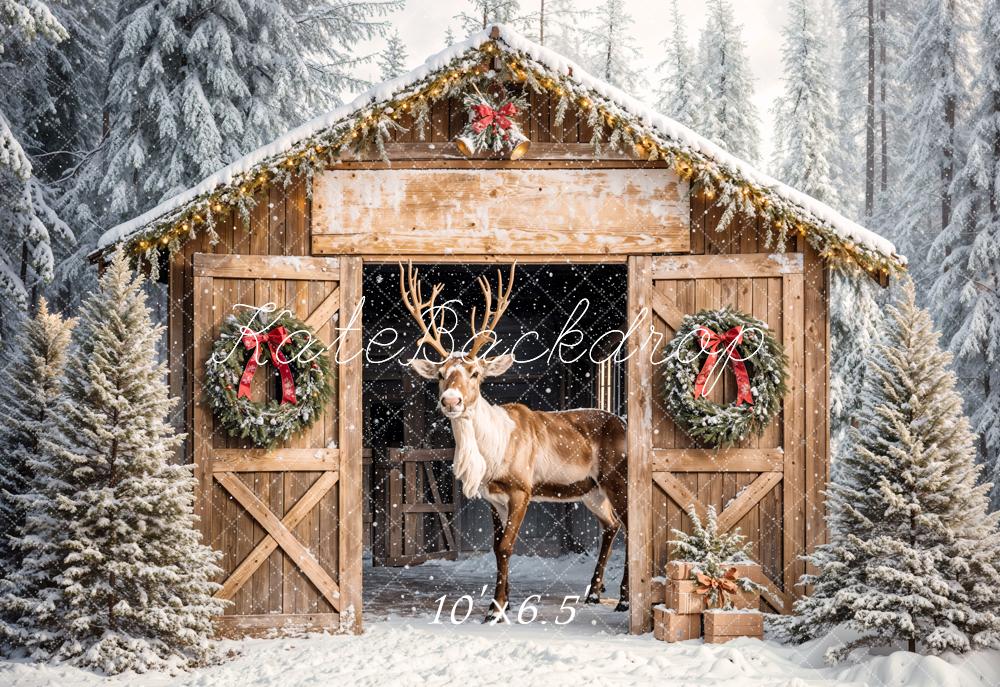 Kate Christmas Reindeer Barn Snow Trees Fleece Backdrop Designed by Emetselch