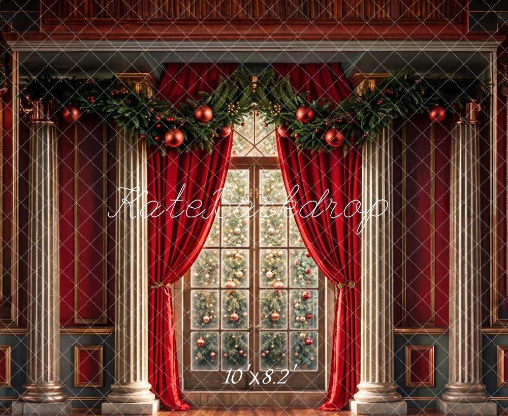 Kate Christmas Window Tree Red Curtains Backdrop Designed by Chain