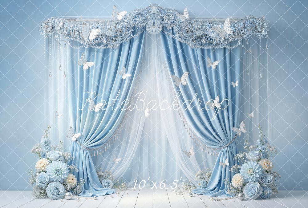 Kate Blue Curtain Floral Butterfly Elegant Backdrop Designed by Emetselch