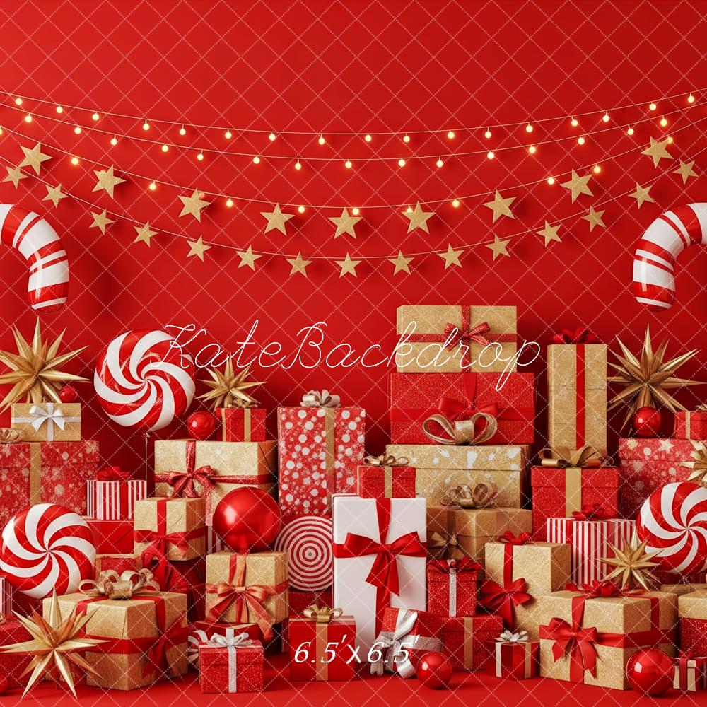 Kate Christmas Presents Candy Canes Red Backdrop Designed by Patty Roberts