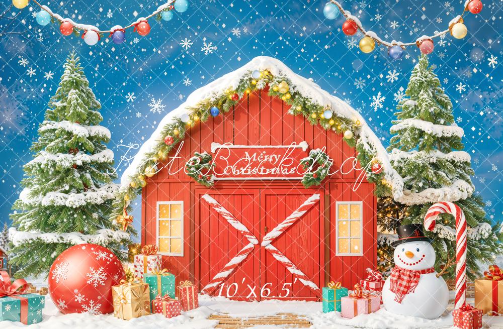 Kate Christmas Red Barn Snowman Presents Trees Backdrop Designed by Chain