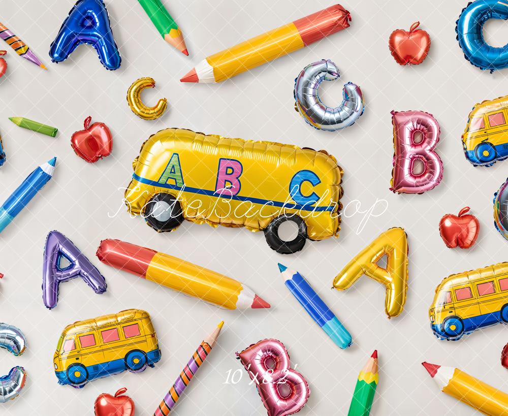 Kate Back to School Bus Balloons Pencils Apples Backdrop Designed by Emetselch