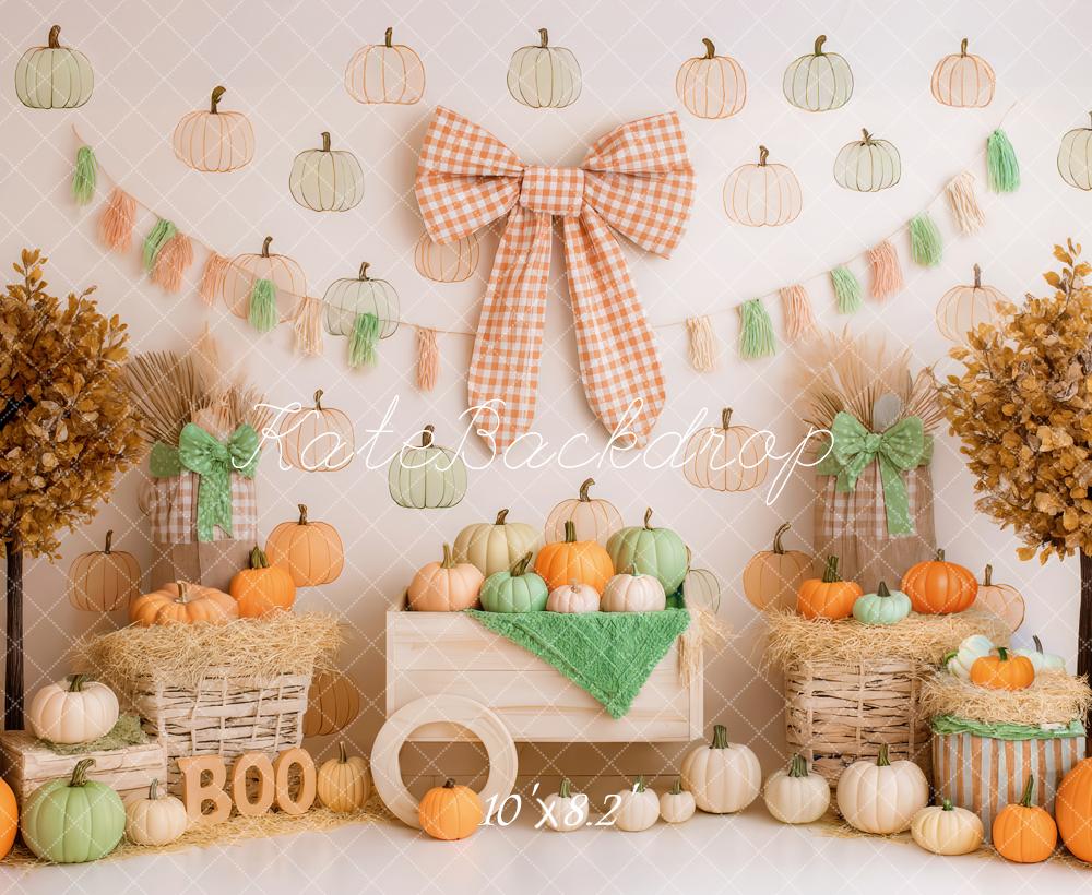 Kate Fall Pumpkins Hay Baskets Bow Backdrop Designed by Patty Roberts