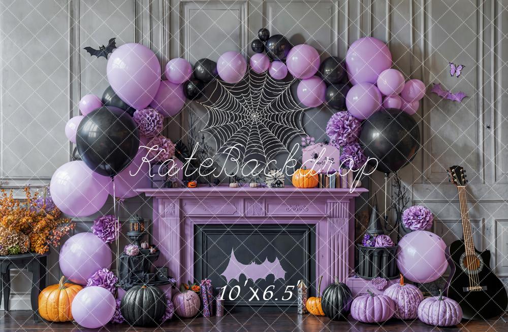 Kate Halloween Purple Black Balloons Backdrop Pumpkins Spider Web Designed by Emetselch - Kate Backdrop AU