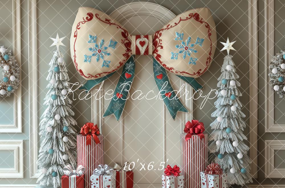 Kate Christmas Bow Snowy Trees Backdrop Designed by Mini MakeBelieve - Kate Backdrop AU