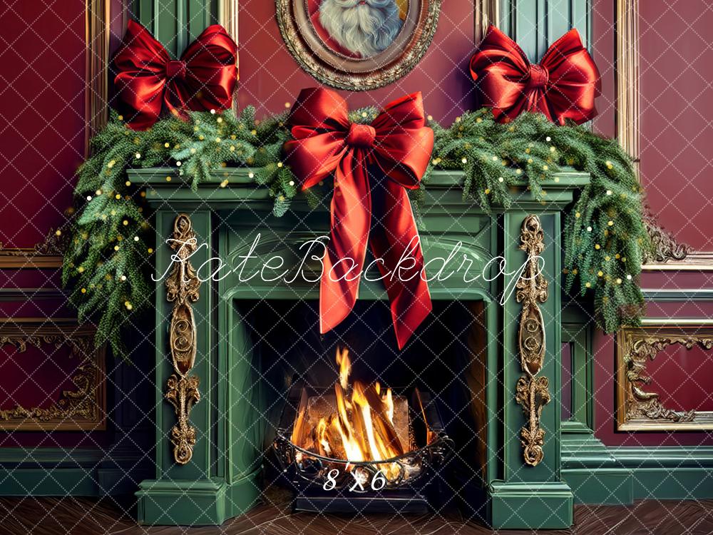 Kate Christmas Green Fireplace Backdrop Designed by Mandy Ringe
