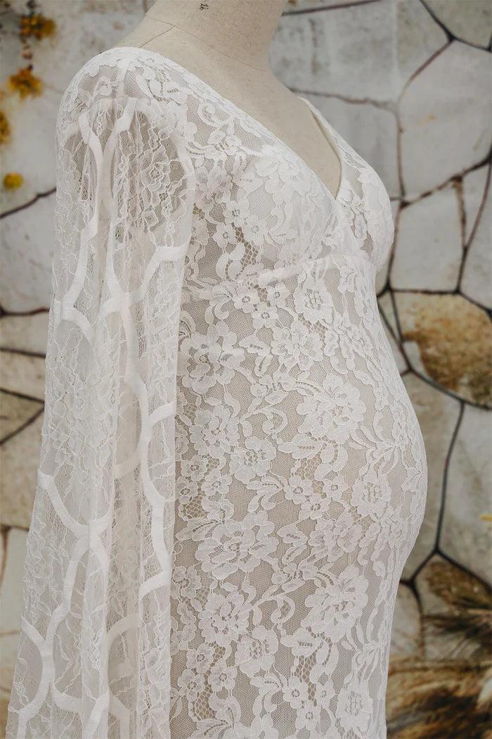 Kate Lace V-neck Trailing White Maternity Photoshoot Dress - Kate Backdrop AU