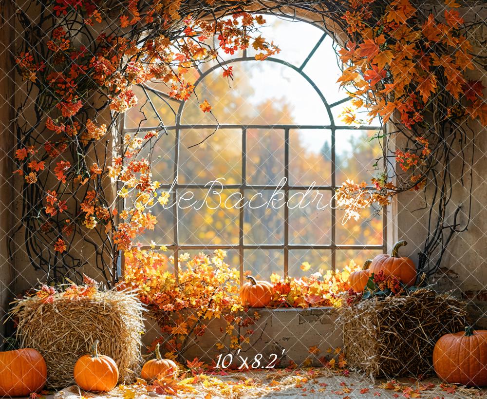 Kate Autumn Window Pumpkins Hay Backdrop Designed by Emetselch