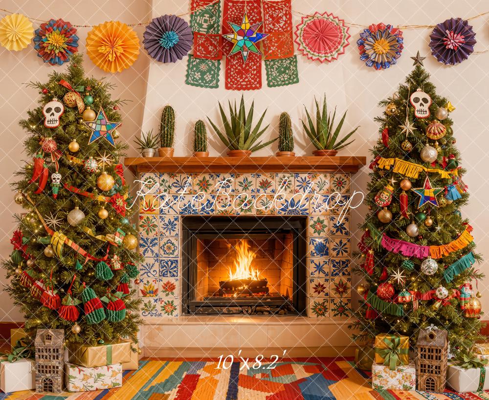 Kate Christmas Fireplace Colourful Trees Backdrop Designed by Emetselch
