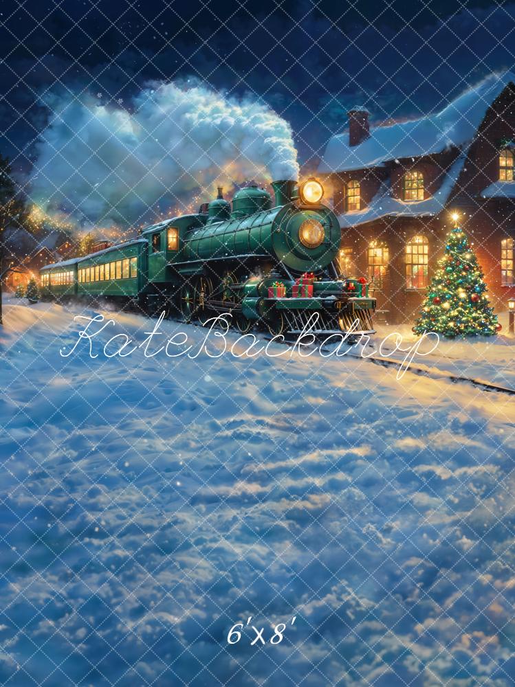 Kate Train Christmas Tree Snow Night Backdrop Designed by Chain - Kate Backdrop AU