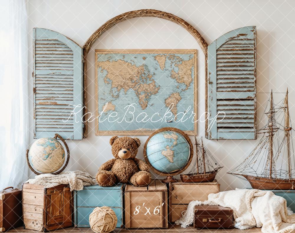 Kate Vintage Travel Maps Globes Ships Fleece Backdrop Designed by Emetselch - Kate Backdrop AU