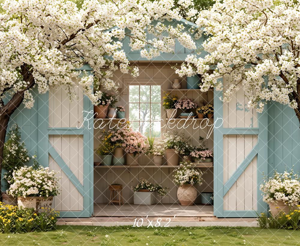 Kate Spring Garden Blue Shed Blossom Trees Backdrop Designed by Emetselch