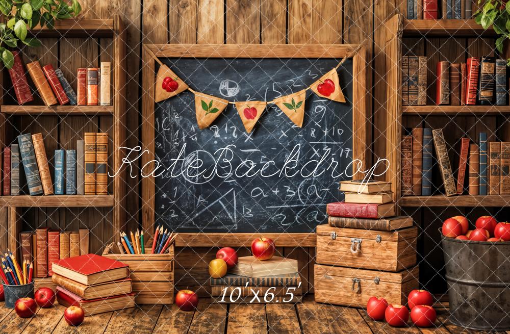 Kate Back to School Blackboard Books Apples Wooden Shelves Backdrop Designed by Emetselch - Kate Backdrop AU