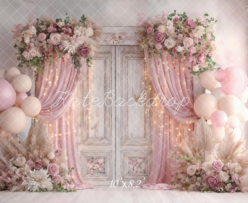 Lightning Deals-C1 Kate Wedding Pink Flower Balloons Retro Door Backdrop Designed by Ashley Paul