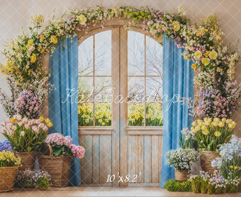 Kate Flower Arch Spring Blue Curtains Fleece Backdrop Designed by Emetselch
