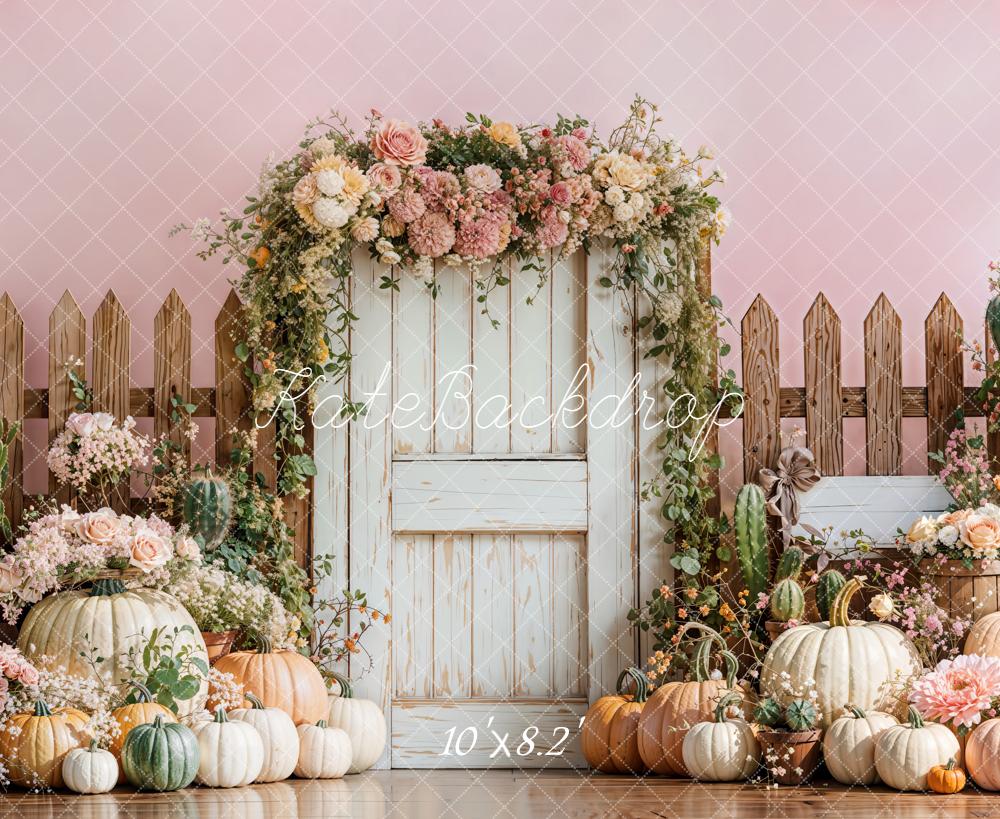 Kate Flower Arch Pumpkins Rustic Fence Pink Backdrop Designed by Emetselch - Kate Backdrop AU