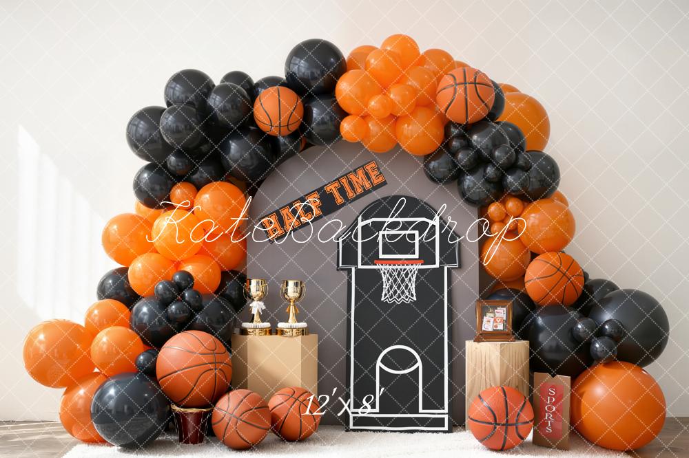 Kate Basketball Hoop Trophy Orange Black Balloons Backdrop Designed by Emetselch