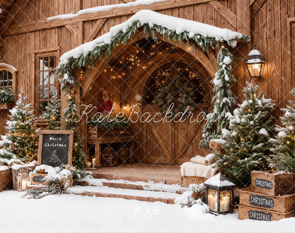 Kate Christmas Wooden House Snow Fleece Backdrop Designed by Emetselch