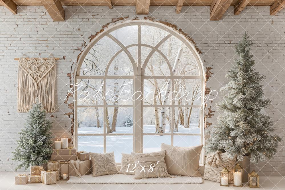 Kate Winter Christmas Trees Window Fleece Backdrop Designed by Emetselch