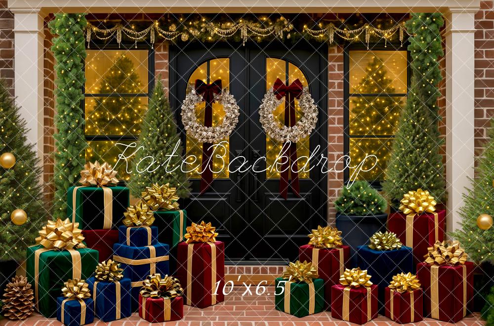 Kate Christmas Front Door Presents Trees Backdrop Designed by Mini MakeBelieve - Kate Backdrop AU