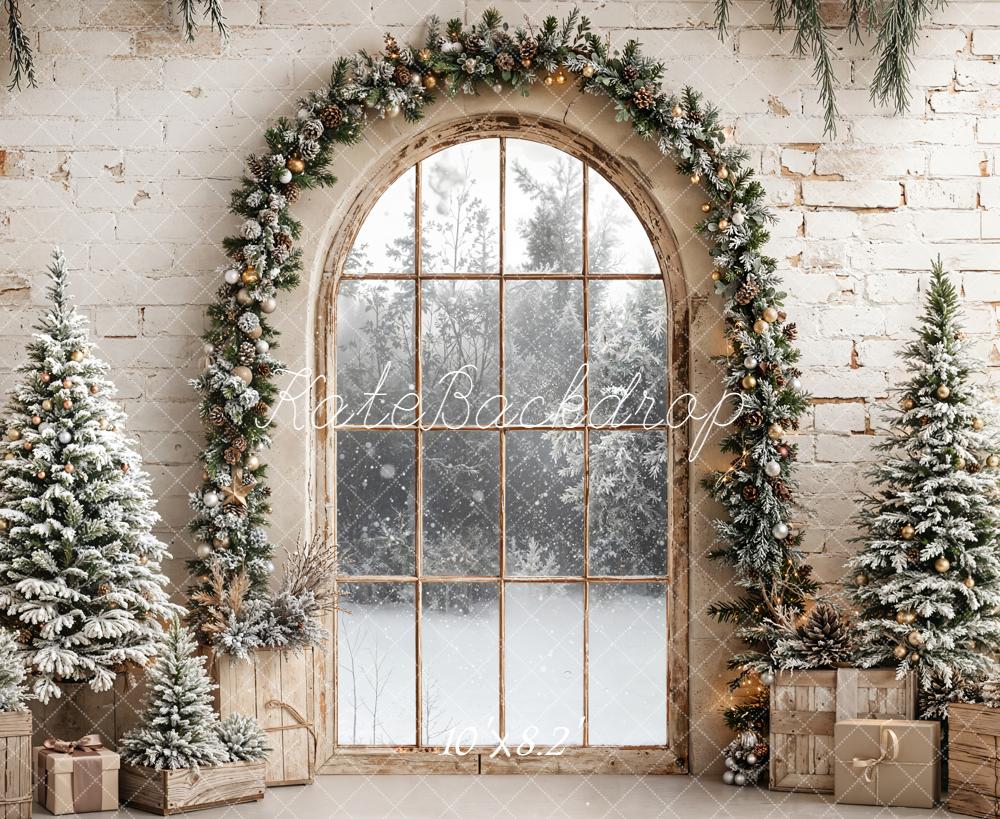 Kate Christmas Window Arch Snowy Trees Backdrop Designed by Emetselch - Kate Backdrop AU