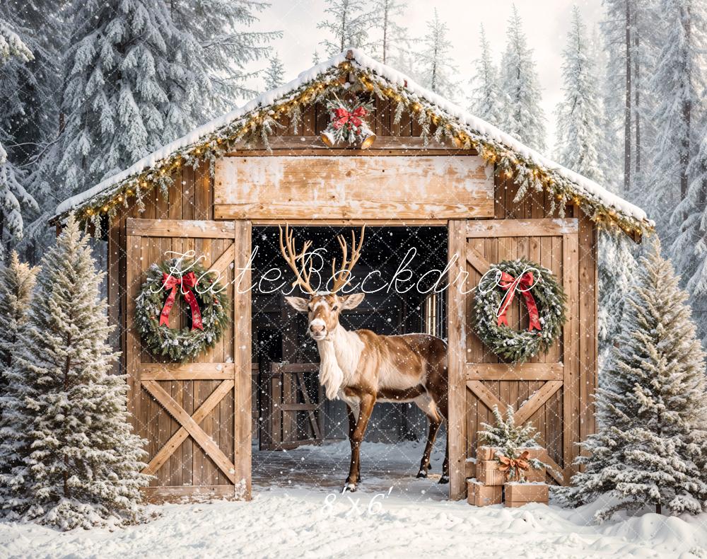 Kate Christmas Reindeer Barn Snow Trees Fleece Backdrop Designed by Emetselch