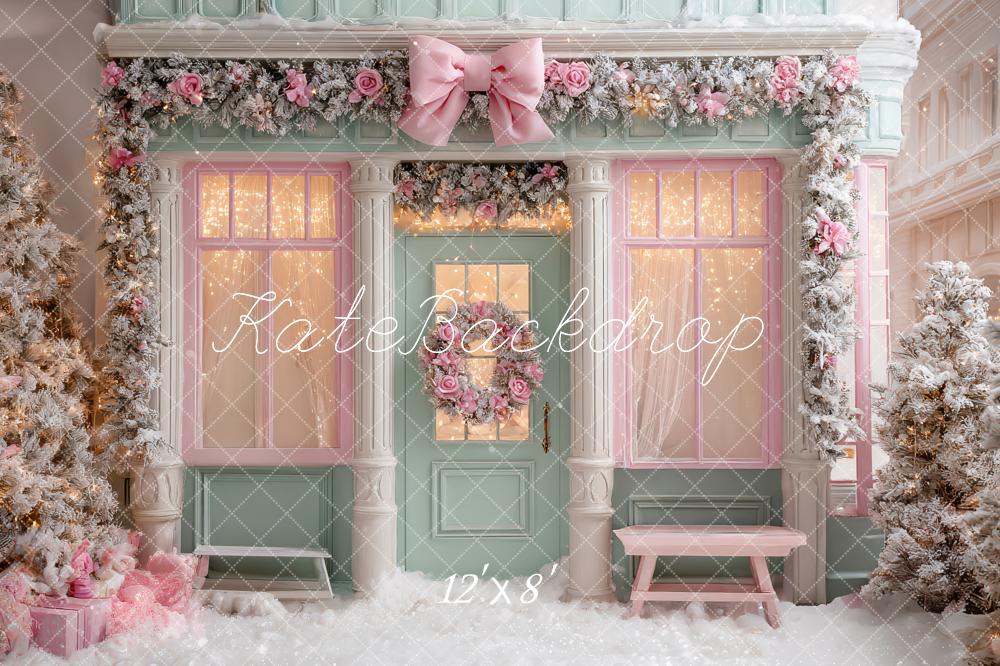 Kate Pink Christmas Shop Frosted Trees Backdrop Designed by Ashley Paul