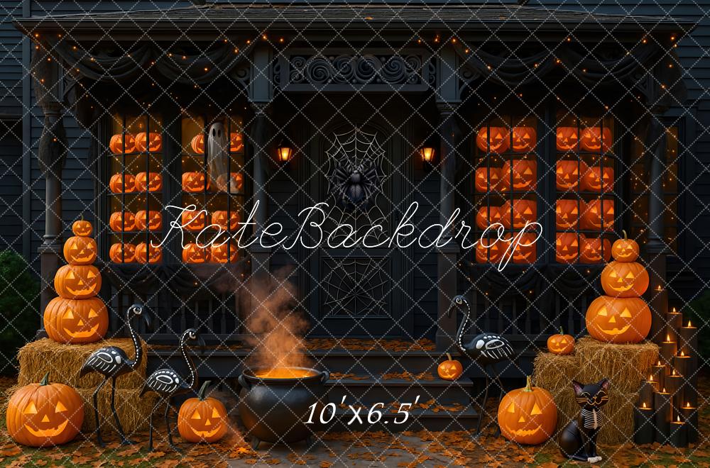 Kate Halloween Pumpkins Cauldron Porch Backdrop Designed by Mini MakeBelieve