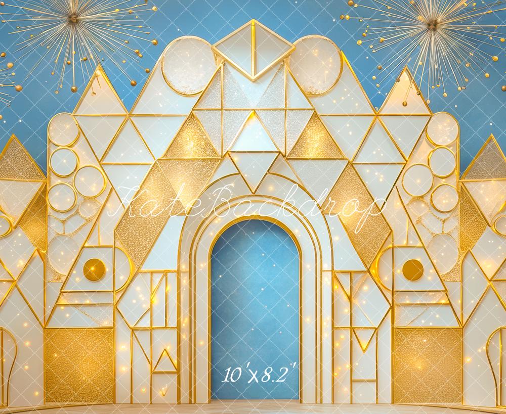 Kate Geometric Arch Gold Sparkle Blue Backdrop Designed by Mini MakeBelieve