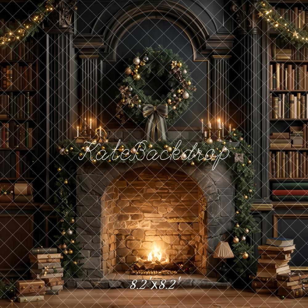 Kate Christmas Fireplace Bookshelves Backdrop Designed by Emetselch - Kate Backdrop AU