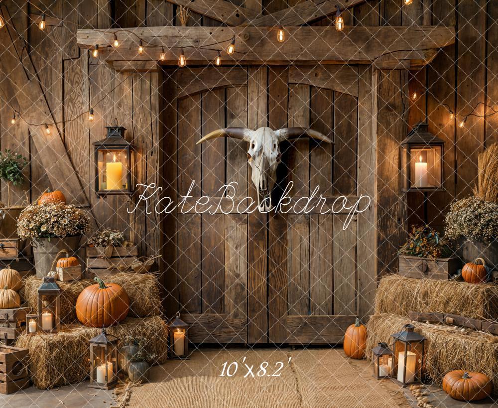 Kate Autumn Barn Wood Pumpkins Hay Fleece Backdrop Designed by Emetselch - Kate Backdrop AU