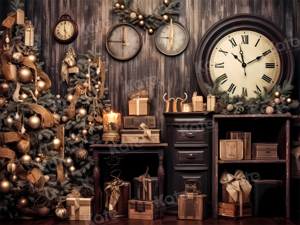 Kate Christmas Tree Clocks Gifts Wood Backdrop Designed by Emetselch - Kate Backdrop AU