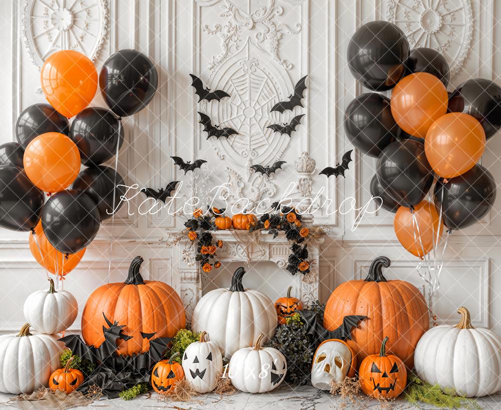Kate Halloween Pumpkins Bats Balloons Fleece Backdrop Designed by Emetselch - Kate Backdrop AU