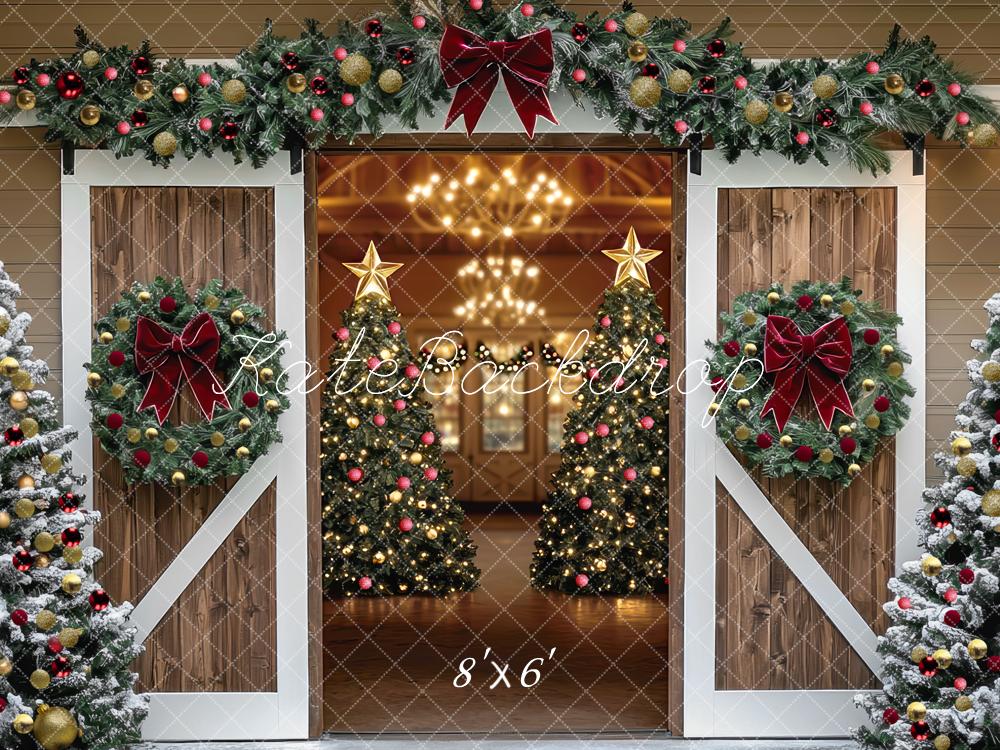 Kate Christmas Barn Door Trees Garland Backdrop Designed by Mini MakeBelieve - Kate Backdrop AU