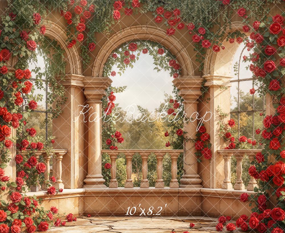 Kate Garden Arch Red Roses Columns Fleece Backdrop Designed by Emetselch