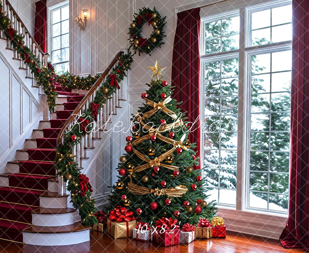 Kate Christmas Tree Staircase Window Presents Backdrop Designed by Mini MakeBelieve - Kate Backdrop AU