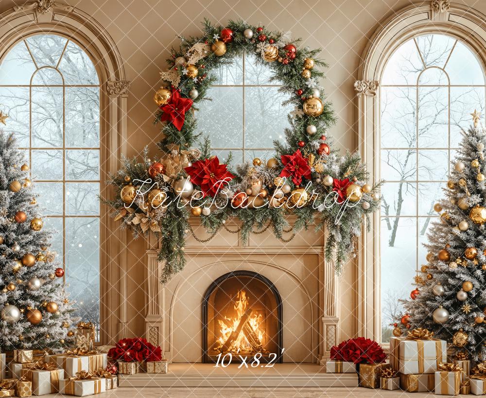 Kate Christmas Fireplace Window Wreath Backdrop Designed by Emetselch - Kate Backdrop AU