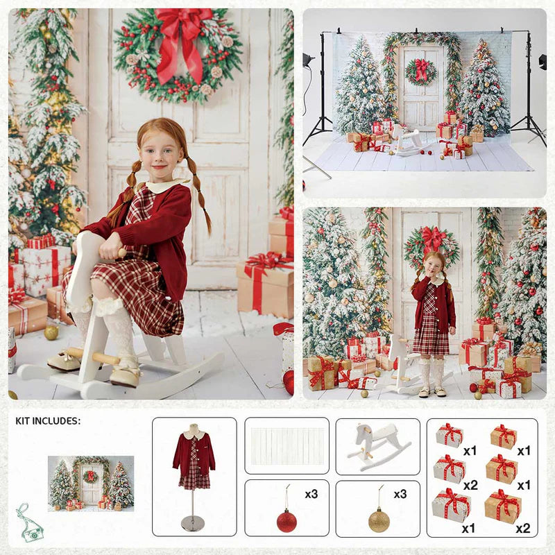 Kate Winter White Front Wooden Door Christmas Tree Gifts Photo Kit - Kate Backdrop AU